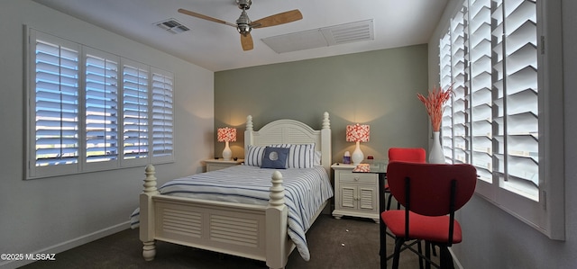 carpeted bedroom with ceiling fan