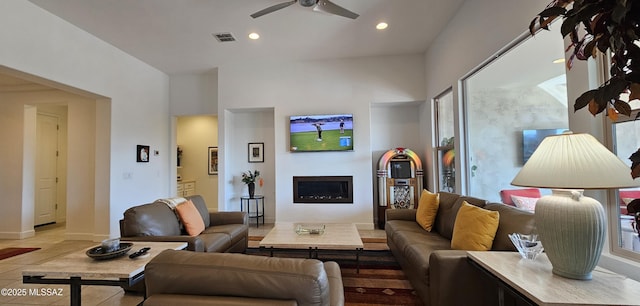 living room with ceiling fan