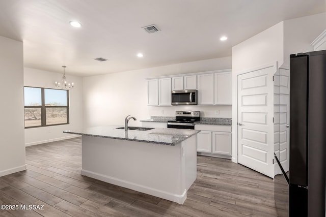 kitchen with white cabinetry, sink, an island with sink, and appliances with stainless steel finishes