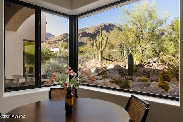 interior space with a mountain view