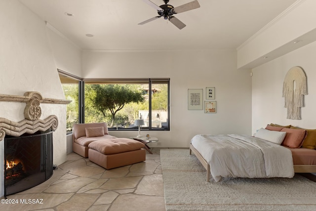 bedroom with crown molding and ceiling fan