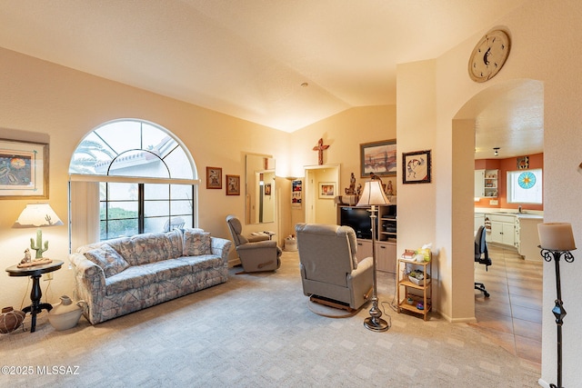 carpeted living room featuring lofted ceiling and sink