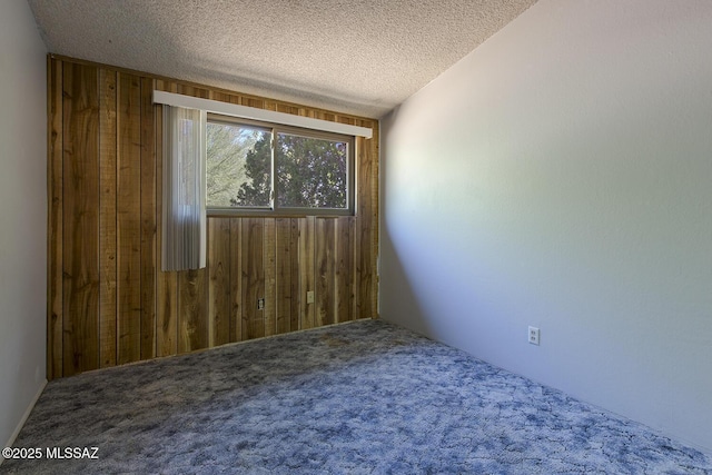 carpeted spare room with a textured ceiling and wood walls