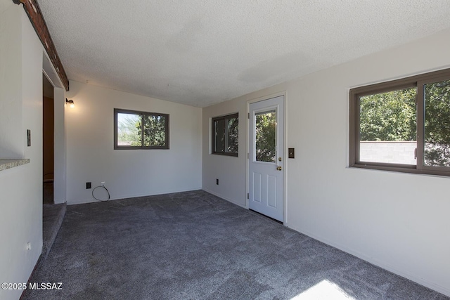 carpeted empty room featuring a textured ceiling