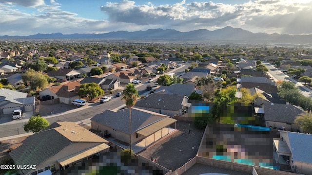 drone / aerial view featuring a mountain view