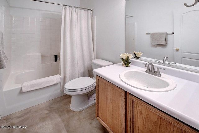 full bathroom featuring vanity, shower / tub combo with curtain, and toilet