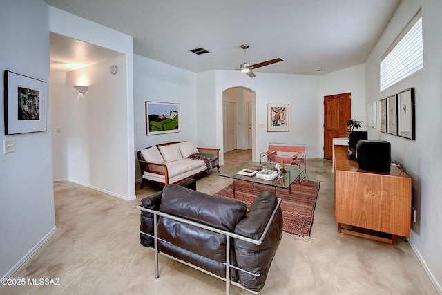 living room featuring ceiling fan