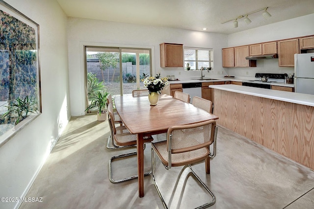 dining space with sink and track lighting