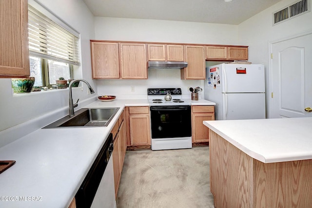 kitchen featuring white refrigerator, sink, stainless steel dishwasher, and electric range