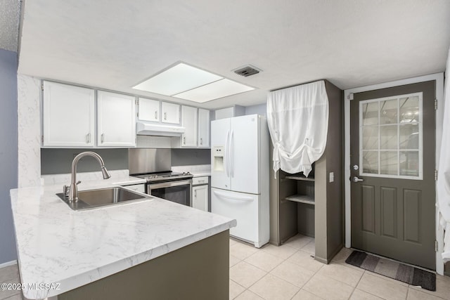 kitchen with white cabinetry, sink, stainless steel range with electric stovetop, white refrigerator with ice dispenser, and kitchen peninsula