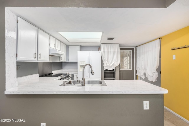 kitchen featuring white refrigerator with ice dispenser, kitchen peninsula, sink, and white cabinets