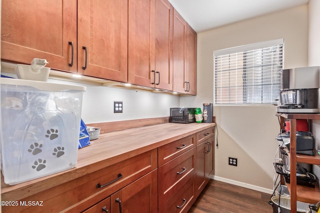 kitchen with wood counters and dark wood-type flooring