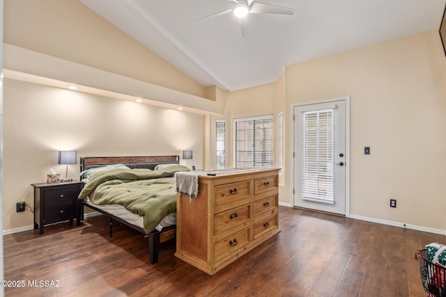 bedroom featuring ceiling fan, lofted ceiling, access to outside, and dark hardwood / wood-style flooring