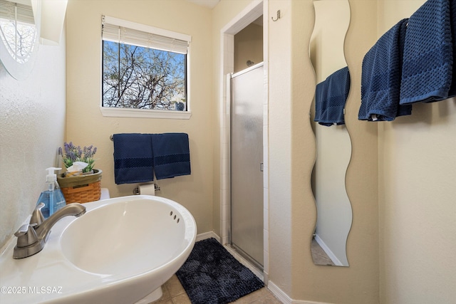 bathroom featuring sink and a shower with door