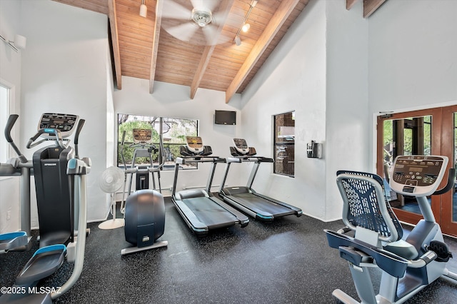 exercise room featuring wood ceiling, high vaulted ceiling, and ceiling fan