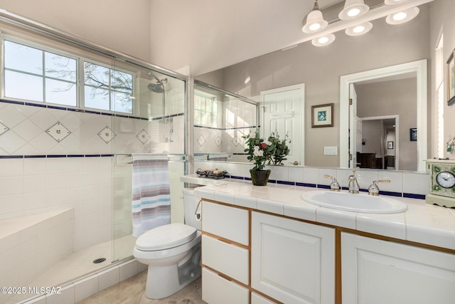 bathroom featuring vanity, an enclosed shower, and toilet