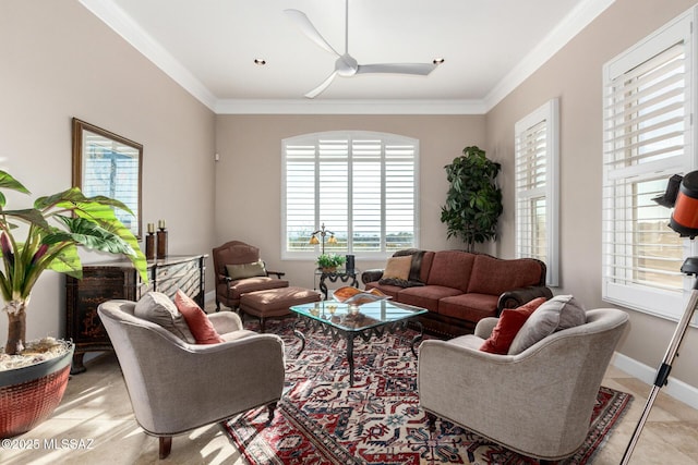 living room with crown molding, ceiling fan, and light tile patterned flooring