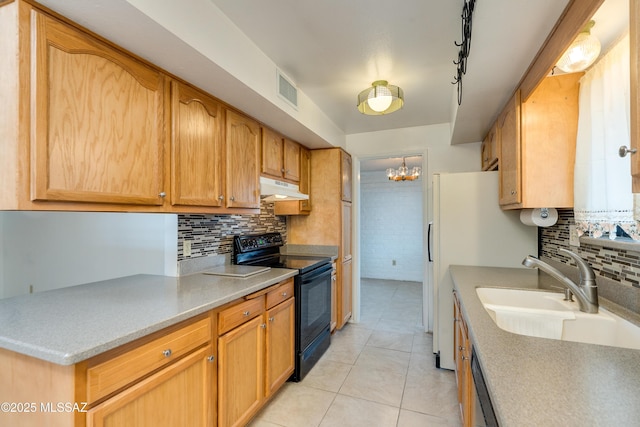 kitchen featuring black / electric stove, light tile patterned flooring, sink, and backsplash