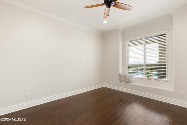 unfurnished room with ceiling fan, ornamental molding, and wood-type flooring