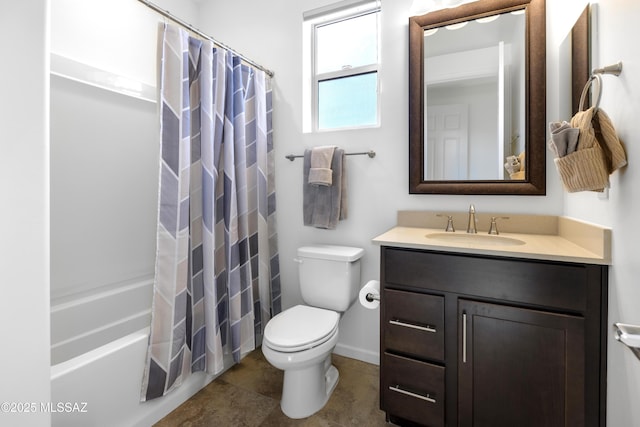 full bathroom with vanity, tile patterned flooring, toilet, and shower / bath combo with shower curtain