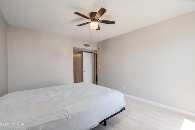 bedroom featuring ceiling fan and light hardwood / wood-style floors