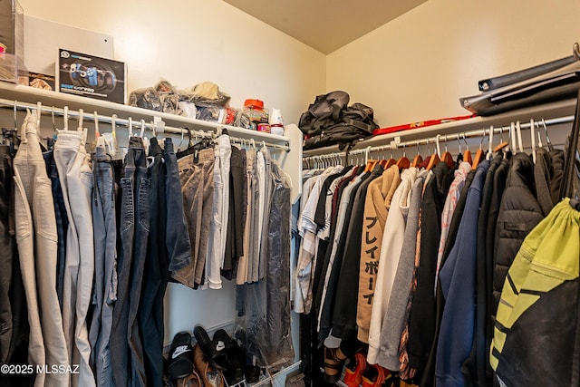 walk in closet featuring vaulted ceiling