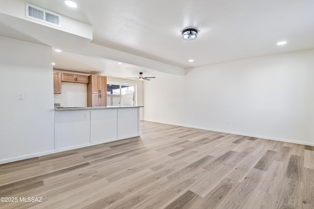 unfurnished living room featuring light hardwood / wood-style floors and ceiling fan