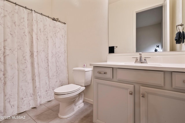 full bath with toilet, curtained shower, tile patterned flooring, and vanity