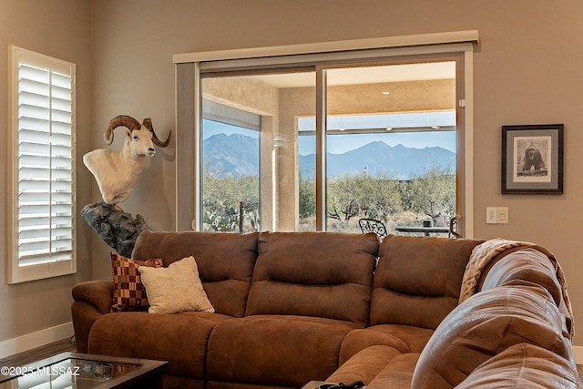 living room featuring hardwood / wood-style flooring and a mountain view