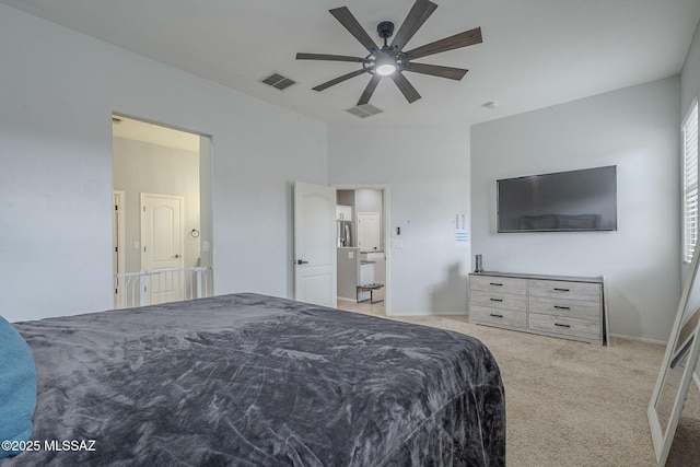 bedroom with light colored carpet and ceiling fan