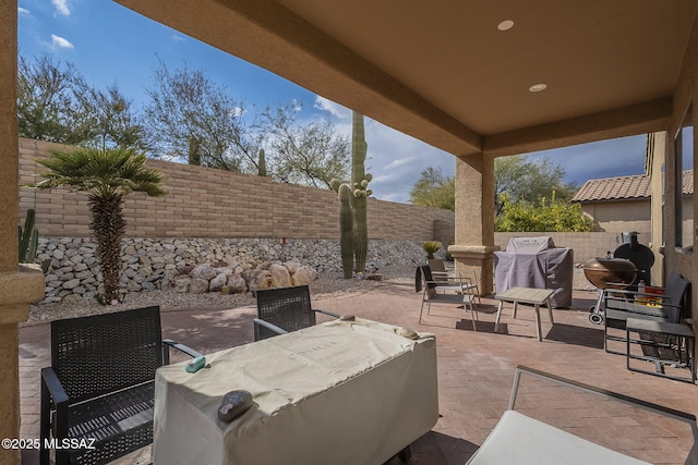 view of patio featuring area for grilling and outdoor lounge area