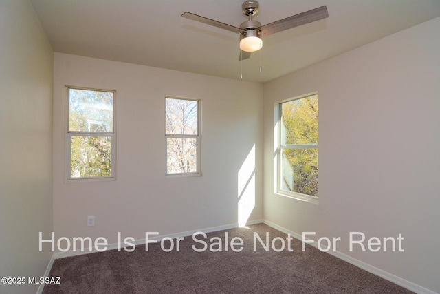 spare room with ceiling fan and carpet