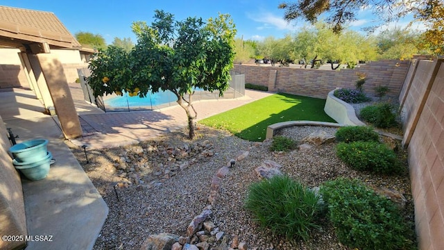 view of yard with a fenced in pool and a patio area