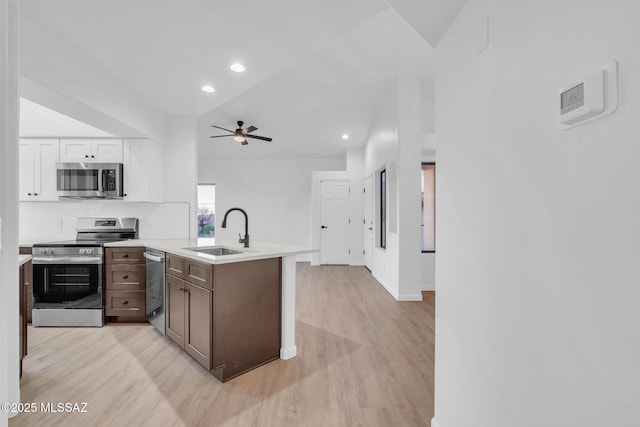 kitchen featuring sink, appliances with stainless steel finishes, white cabinetry, kitchen peninsula, and light wood-type flooring