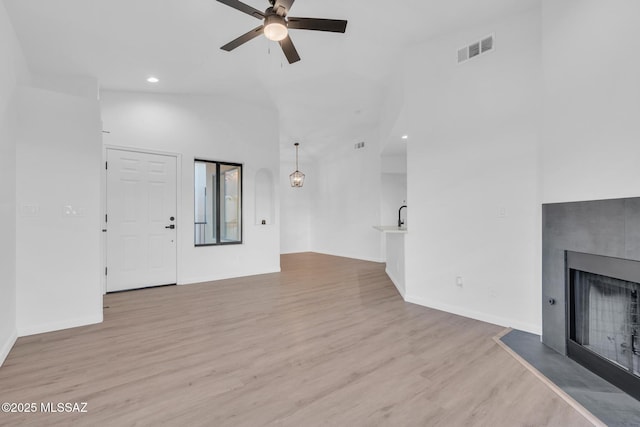 unfurnished living room with ceiling fan and light hardwood / wood-style floors