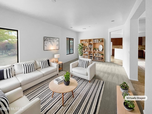 living room with light colored carpet