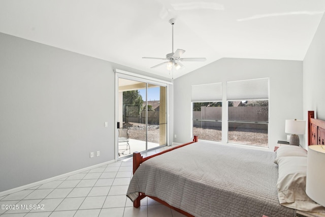 bedroom with vaulted ceiling, access to outside, ceiling fan, and light tile patterned flooring