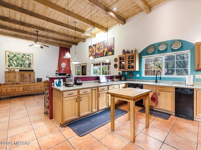 kitchen featuring hanging light fixtures, sink, light tile patterned floors, and wooden ceiling