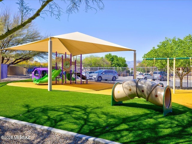 view of jungle gym with a yard