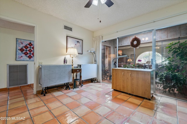 interior space featuring ceiling fan and a textured ceiling