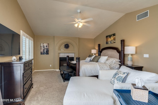 1943 W Desert Highlands Dr, Oro Valley, AZ 85737 - bedroom with vaulted ceiling, light colored carpet, baseboards, and a ceiling fan