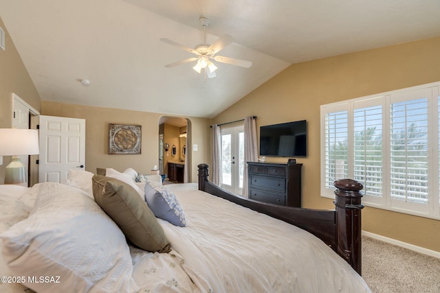 1943 W Desert Highlands Dr, Oro Valley, AZ 85737 - bedroom with carpet floors, arched walkways, lofted ceiling, baseboards, and ceiling fan