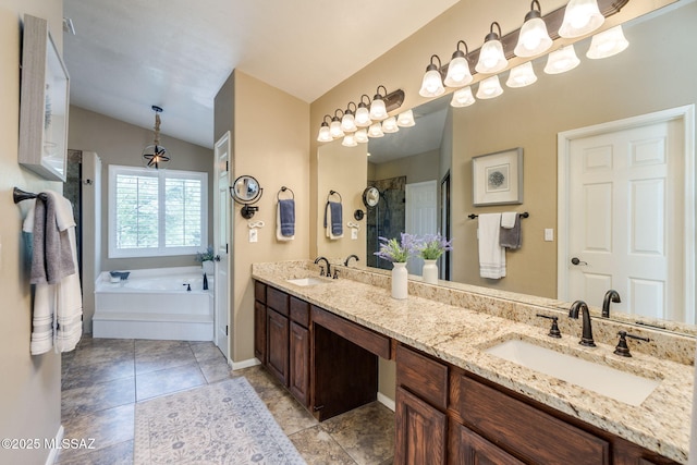 1943 W Desert Highlands Dr, Oro Valley, AZ 85737 - full bathroom featuring double vanity, a bath, lofted ceiling, and baseboards
