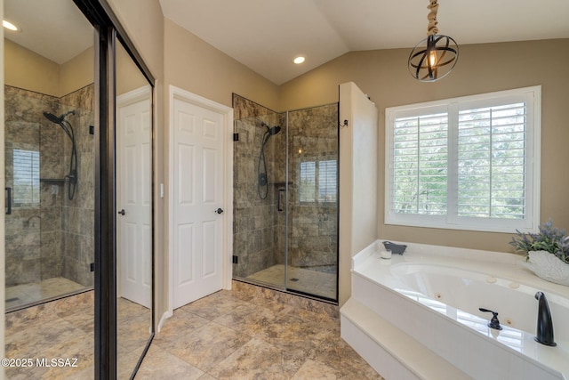 1943 W Desert Highlands Dr, Oro Valley, AZ 85737 - full bathroom with a tub with jets, a stall shower, and lofted ceiling