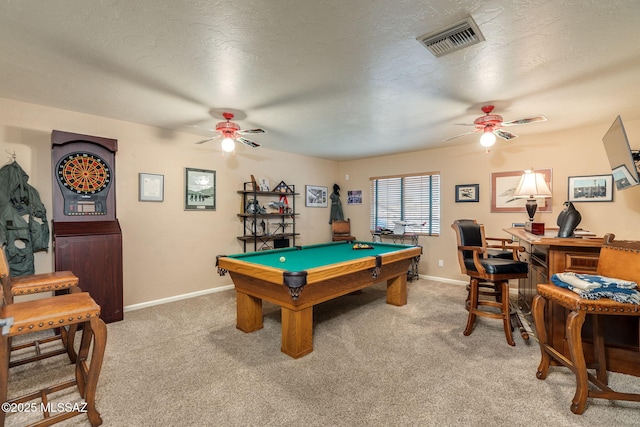 1943 W Desert Highlands Dr, Oro Valley, AZ 85737 - recreation room with ceiling fan, pool table, light carpet, baseboards, and a textured ceiling