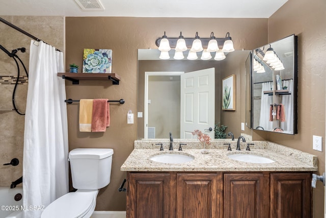 1943 W Desert Highlands Dr, Oro Valley, AZ 85737 - bathroom with double vanity, toilet, and shower / bath combo with shower curtain