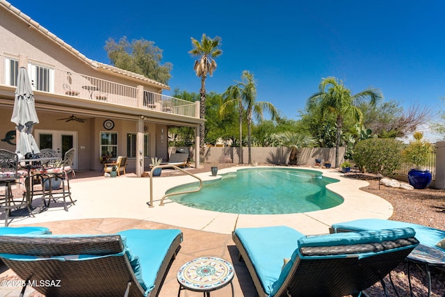 1943 W Desert Highlands Dr, Oro Valley, AZ 85737 - view of pool featuring french doors, a fenced backyard, a patio area, and ceiling fan