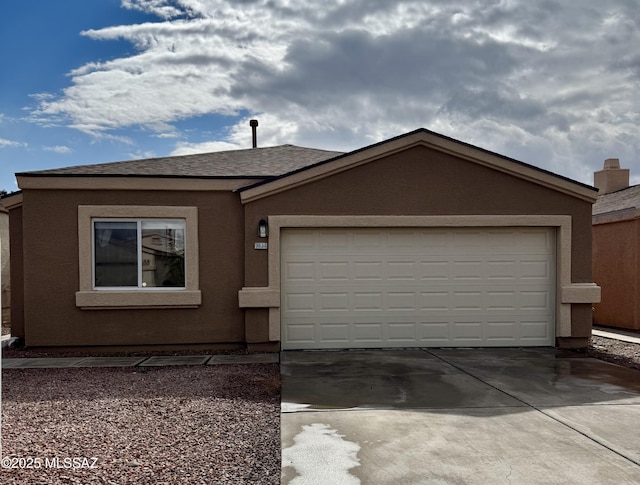 ranch-style home featuring stucco siding, concrete driveway, a garage, and a shingled roof