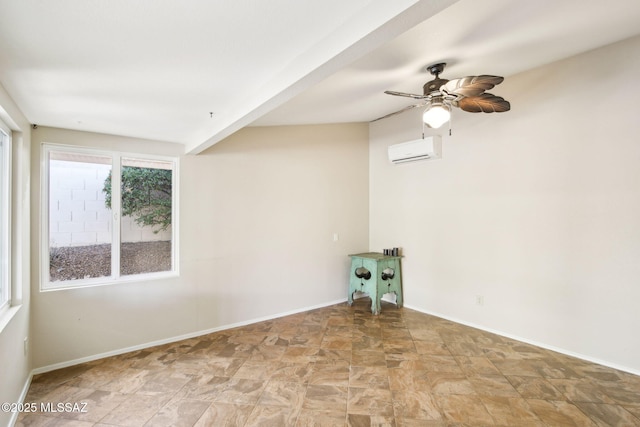 empty room featuring ceiling fan and an AC wall unit