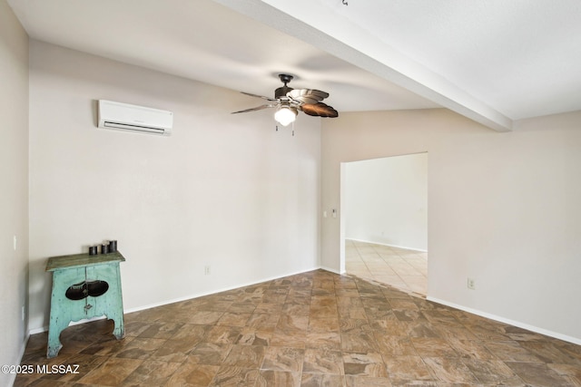 empty room with ceiling fan, a wall mounted AC, and beam ceiling